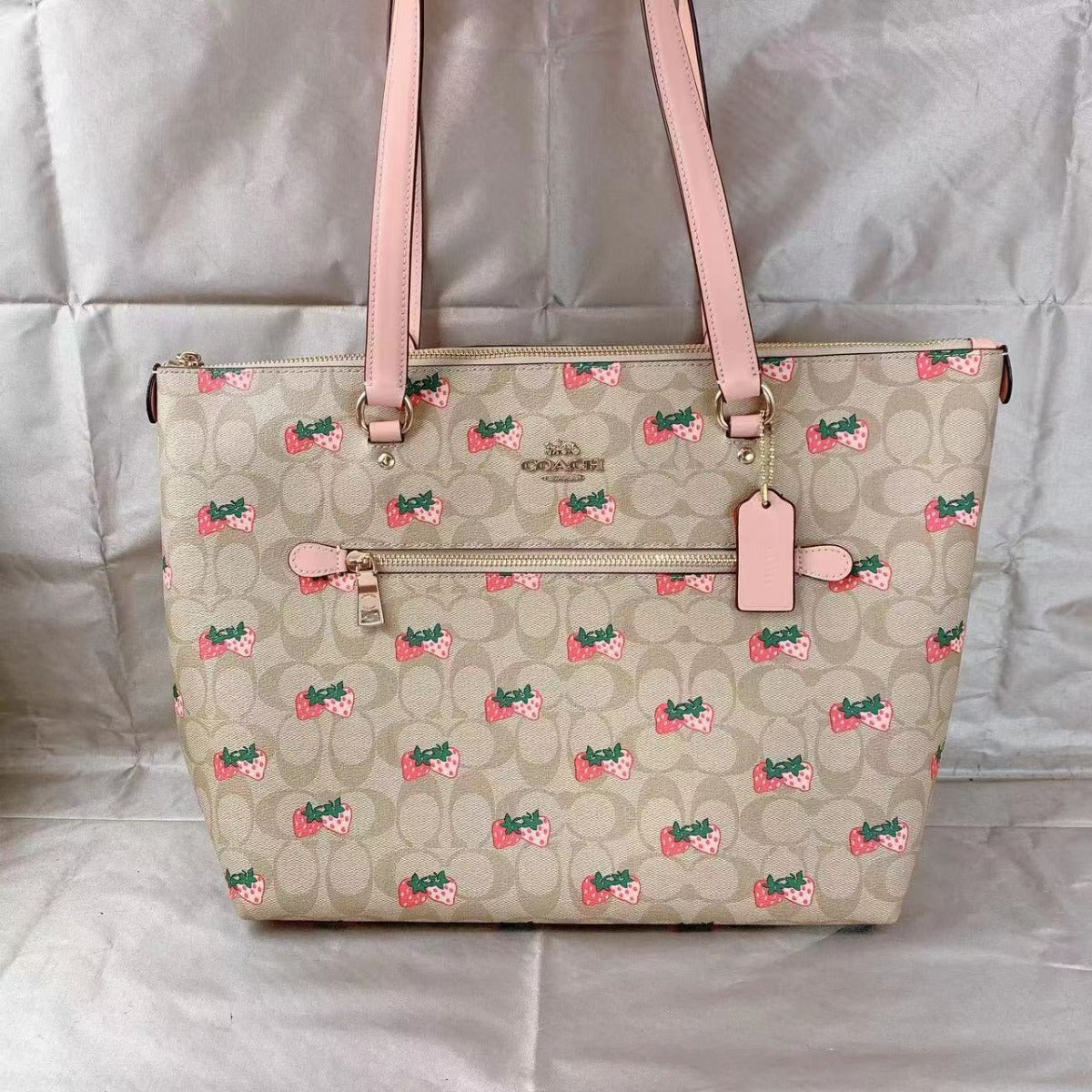 Coach CB595 Gallery Tote In Signature Canvas With Strawberry Print In Gold/Light Khaki Multi Coach CB595 Gallery Tote In Signature Canvas With Strawberry Print In Gold/Light Khaki Multi